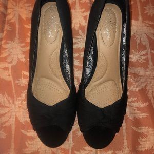 Black/cork peep toe wedges